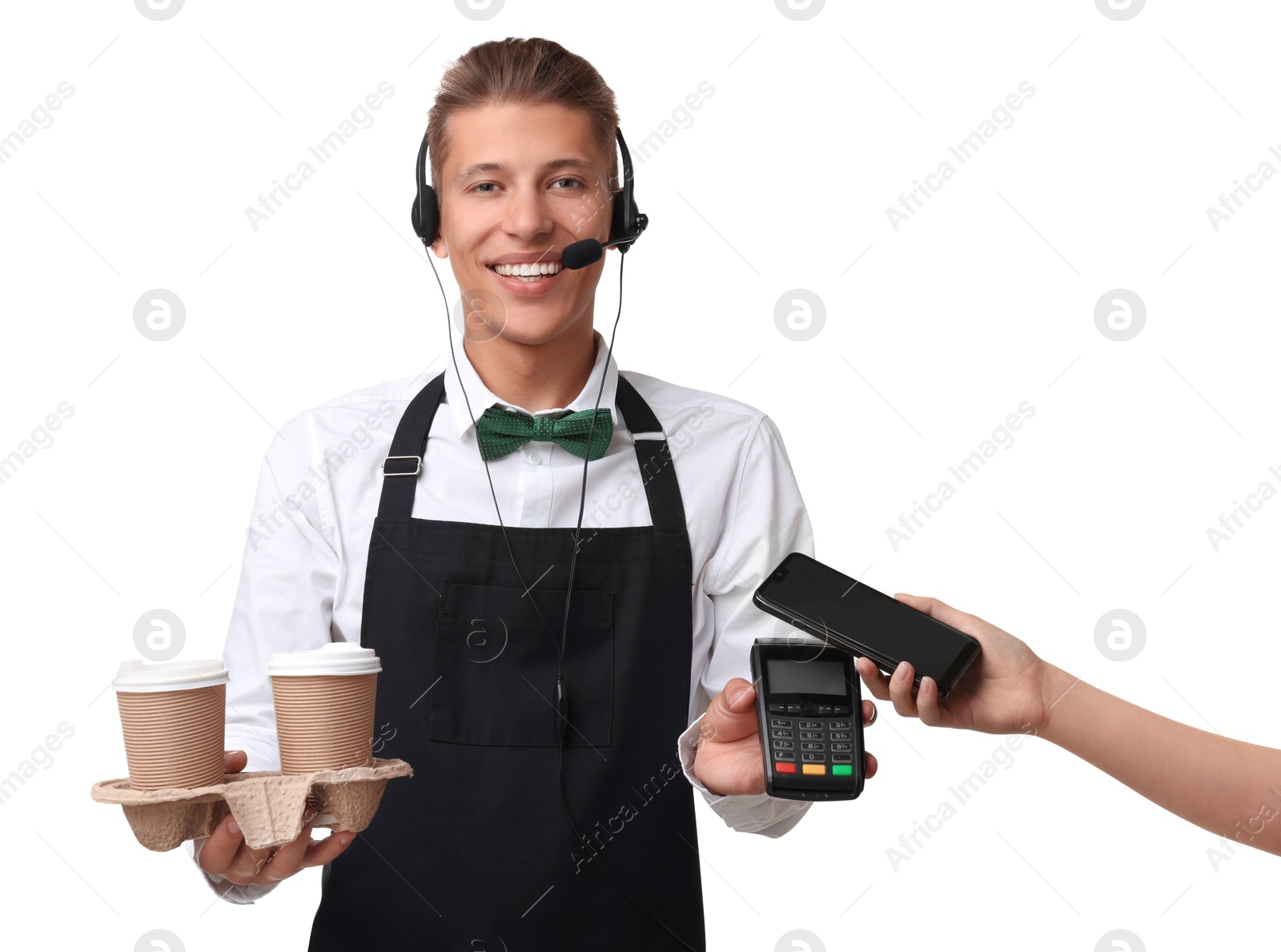 Photo of Fast-food worker taking payment from client via terminal on white background, closeup