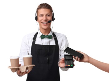 Photo of Fast-food worker taking payment from client via terminal on white background, closeup