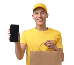 Fast-food worker with paper bag and smartphone on white background