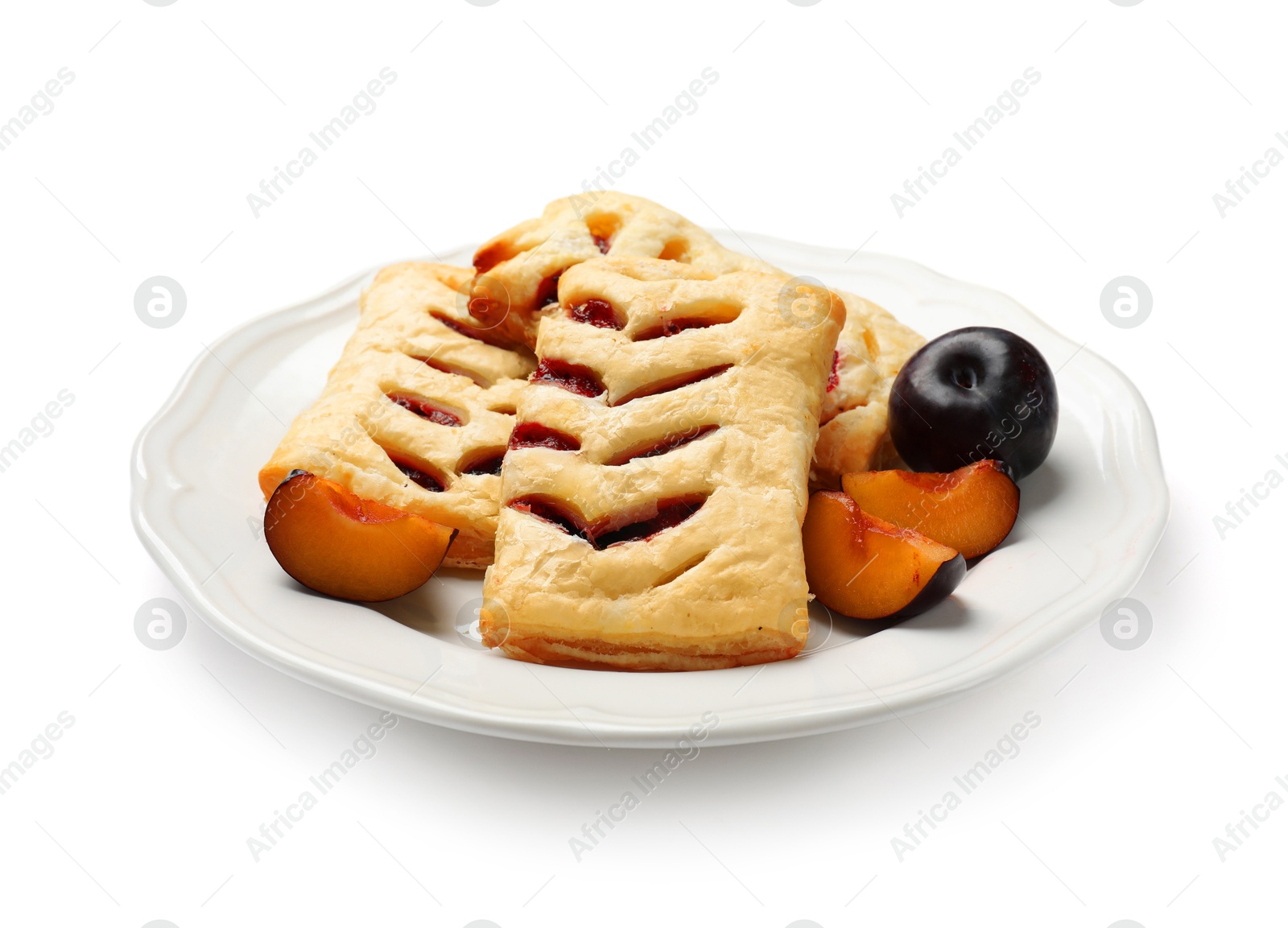 Photo of Delicious puff pastries and plums isolated on white