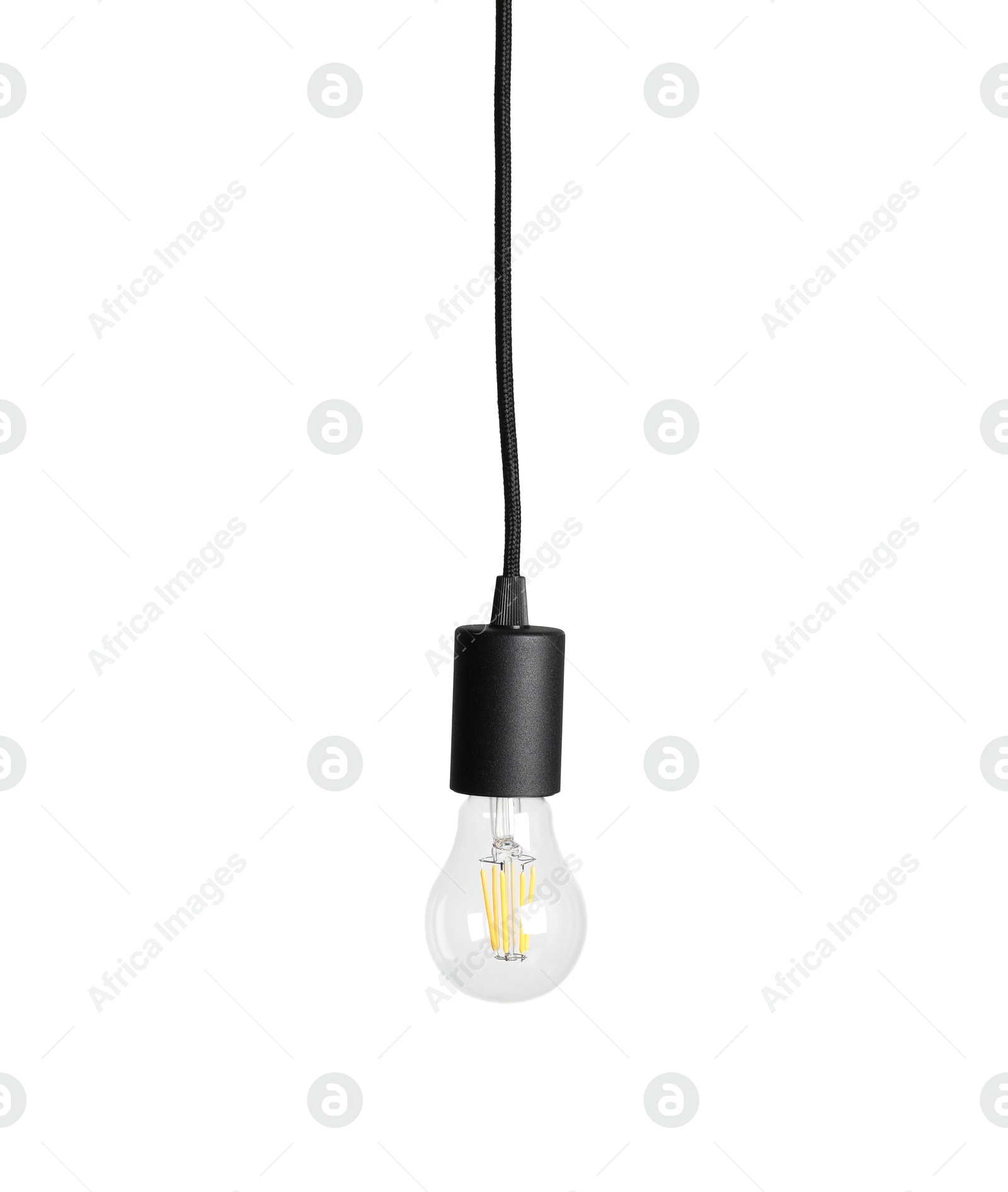 Photo of One light bulb hanging isolated on white