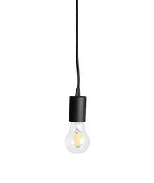 Photo of One light bulb hanging isolated on white