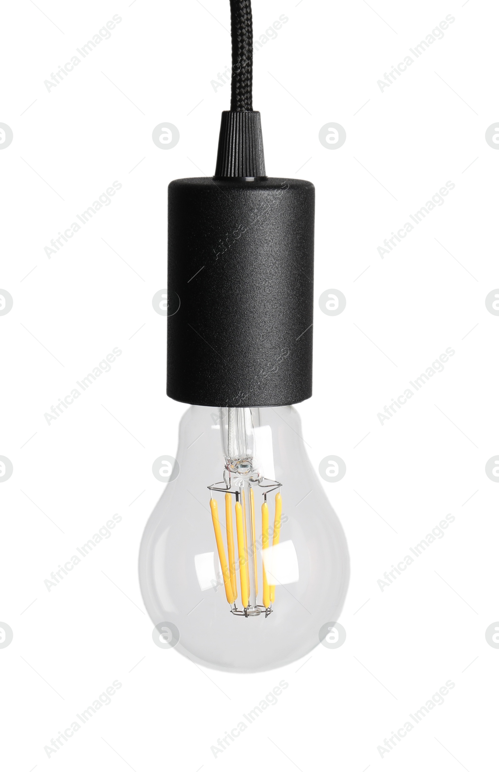 Photo of One light bulb hanging isolated on white