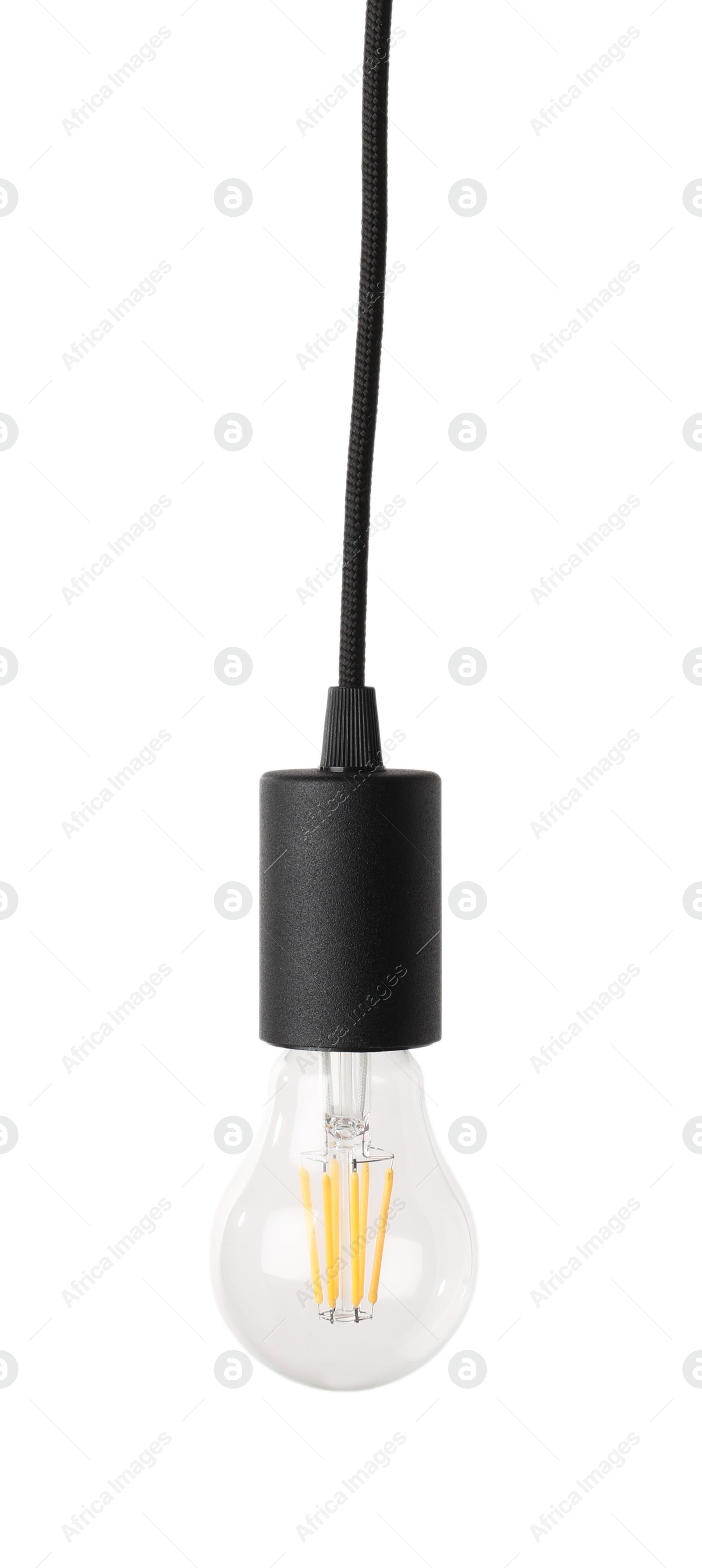 Photo of One light bulb hanging isolated on white