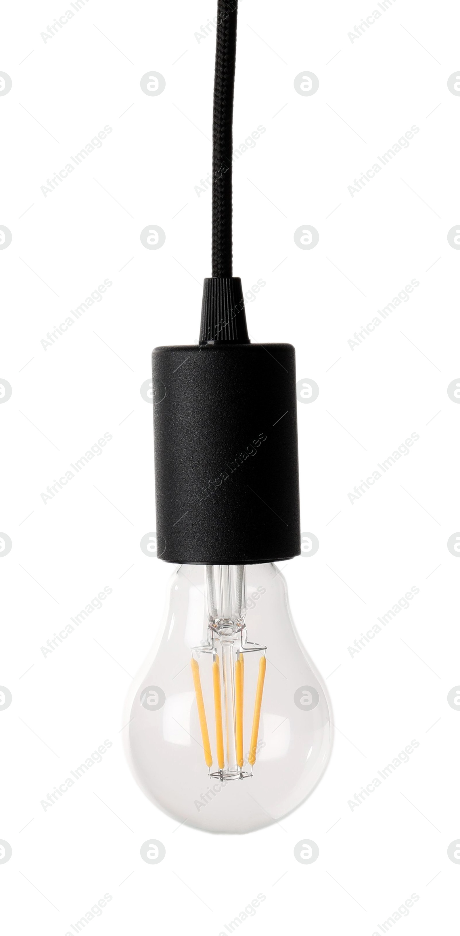 Photo of One light bulb hanging isolated on white