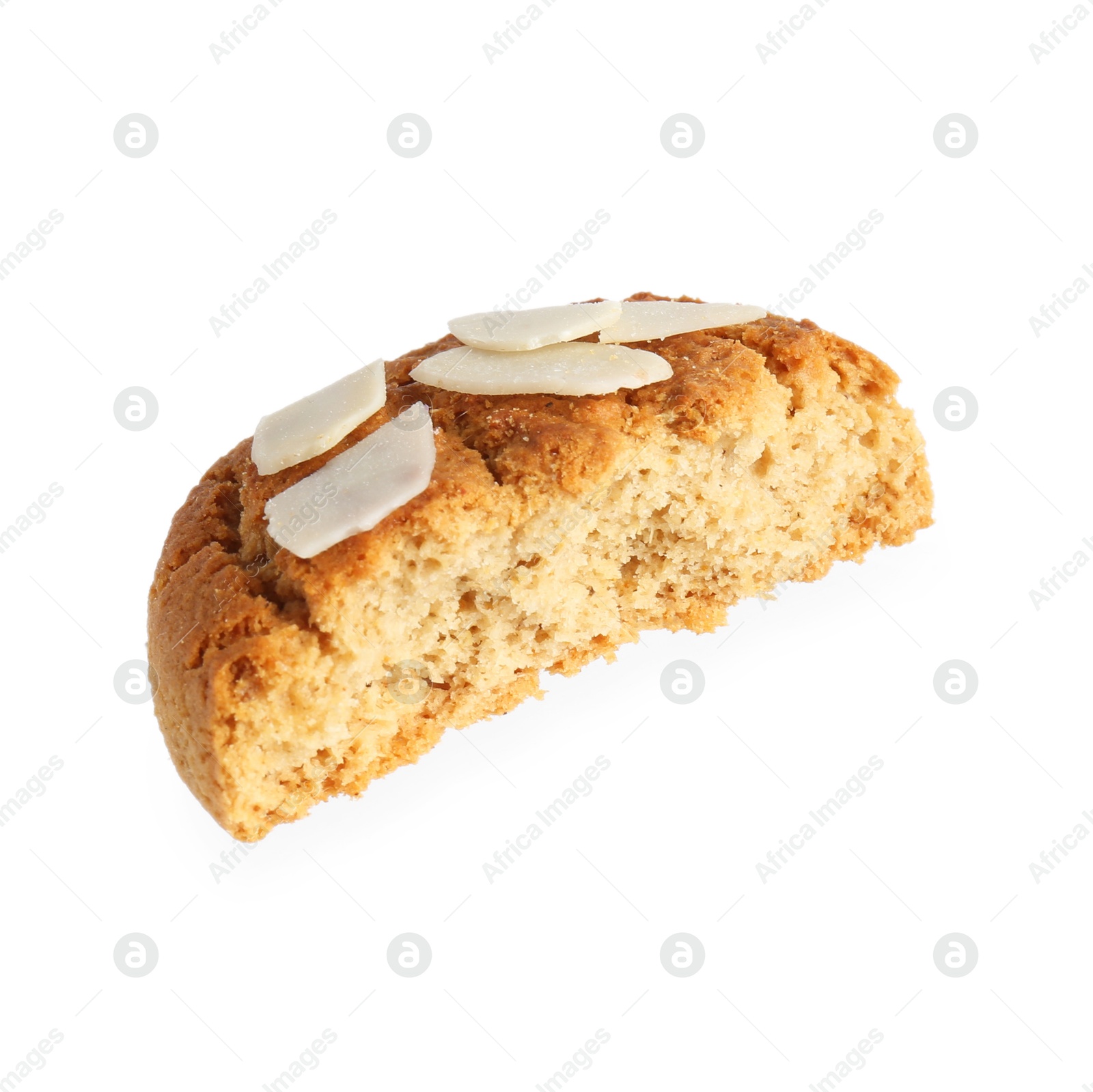 Photo of Piece of tasty cookie with almond flakes isolated on white