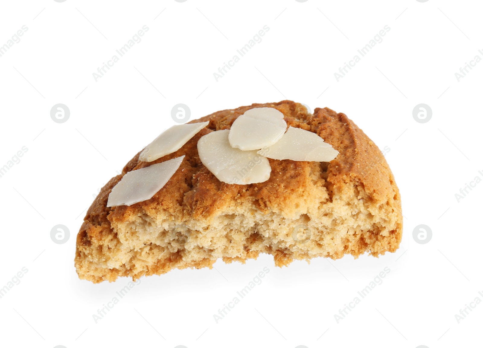 Photo of Piece of tasty cookie with almond flakes isolated on white