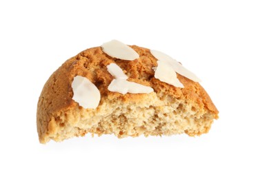 Photo of Piece of tasty cookie with almond flakes isolated on white