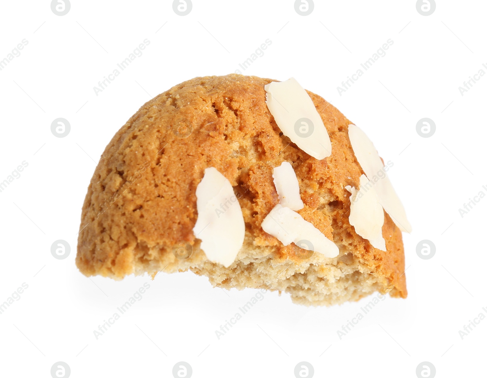 Photo of Piece of tasty cookie with almond flakes isolated on white