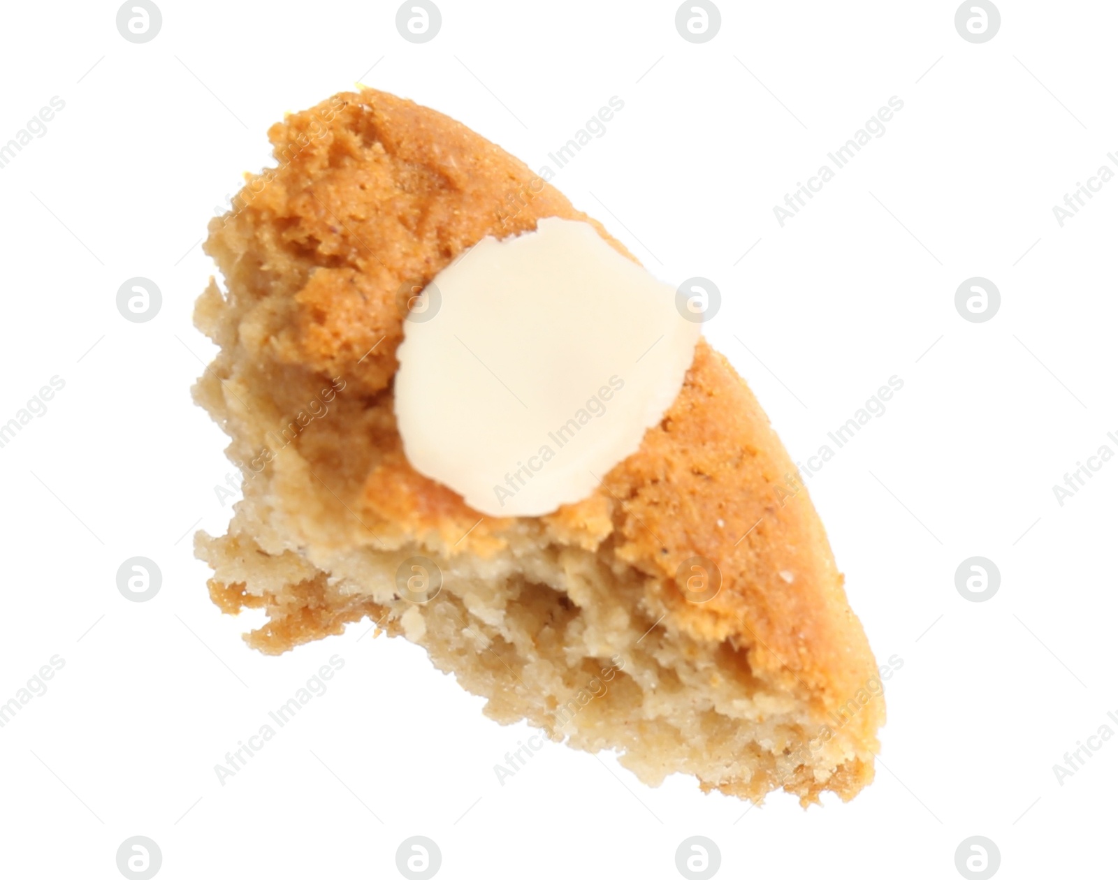 Photo of Piece of tasty cookie with almond flake isolated on white