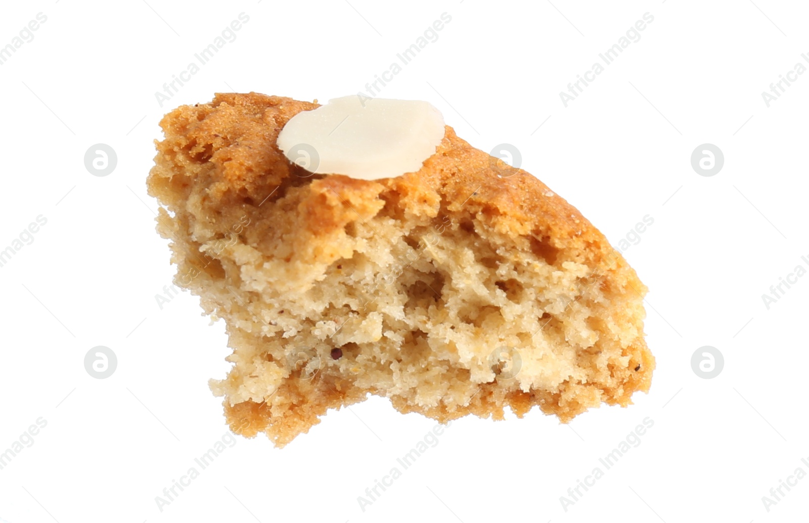 Photo of Piece of tasty cookie with almond flake isolated on white