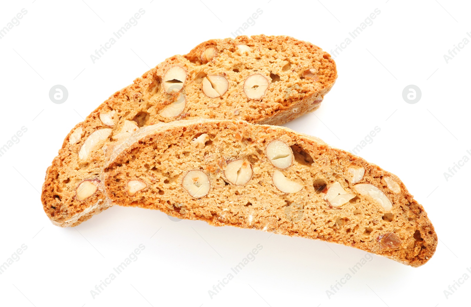 Photo of Traditional Italian almond biscuits (Cantucci) isolated on white, top view