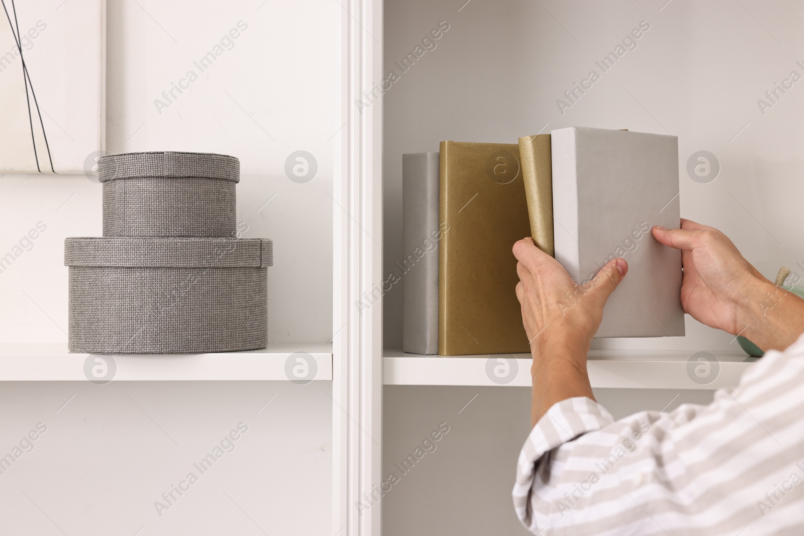 Photo of Male decorator arranging books onto shelf indoors, closeup