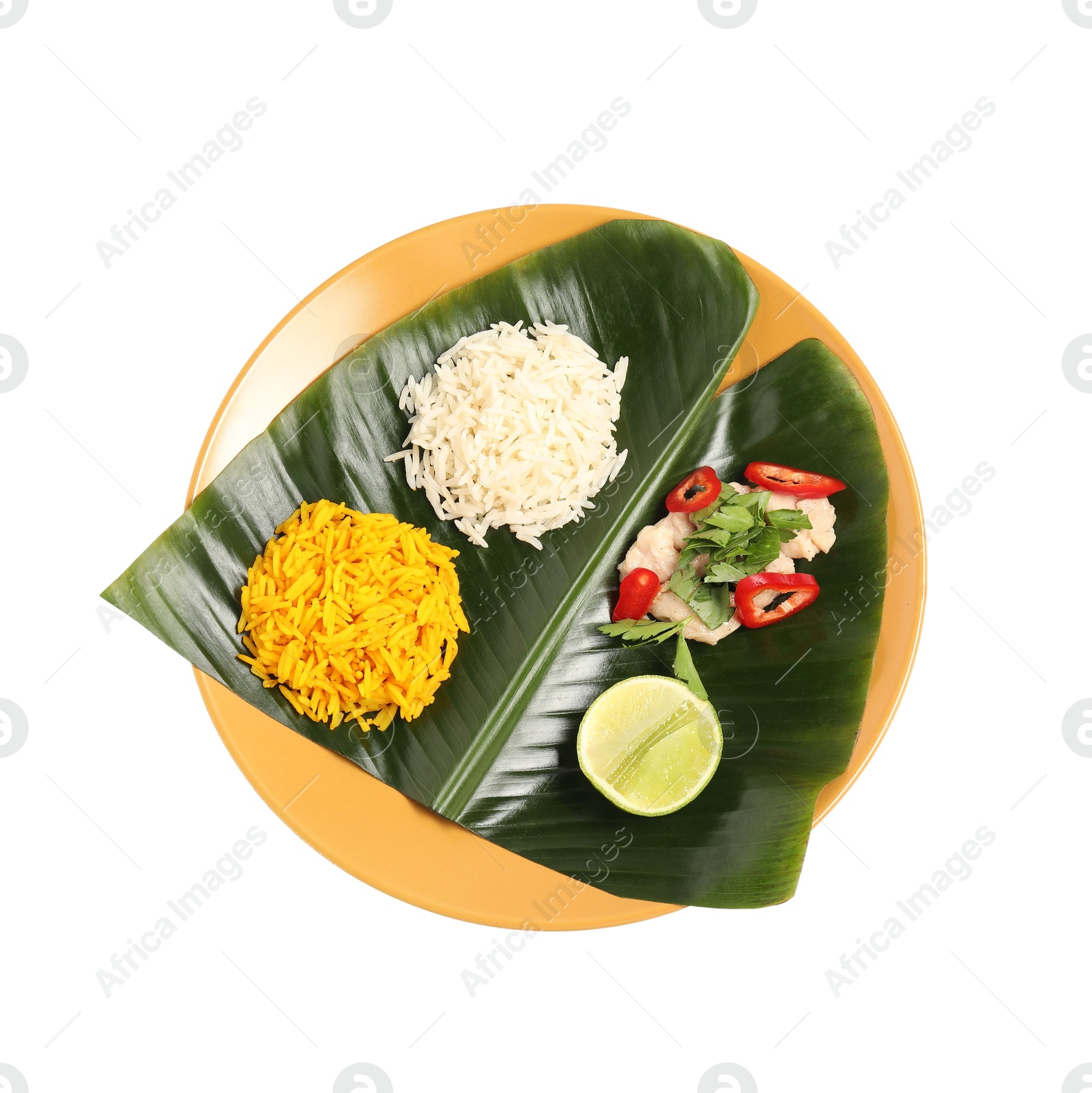 Photo of Cut banana leaf with different food isolated on white, top view. Healthy eco serving