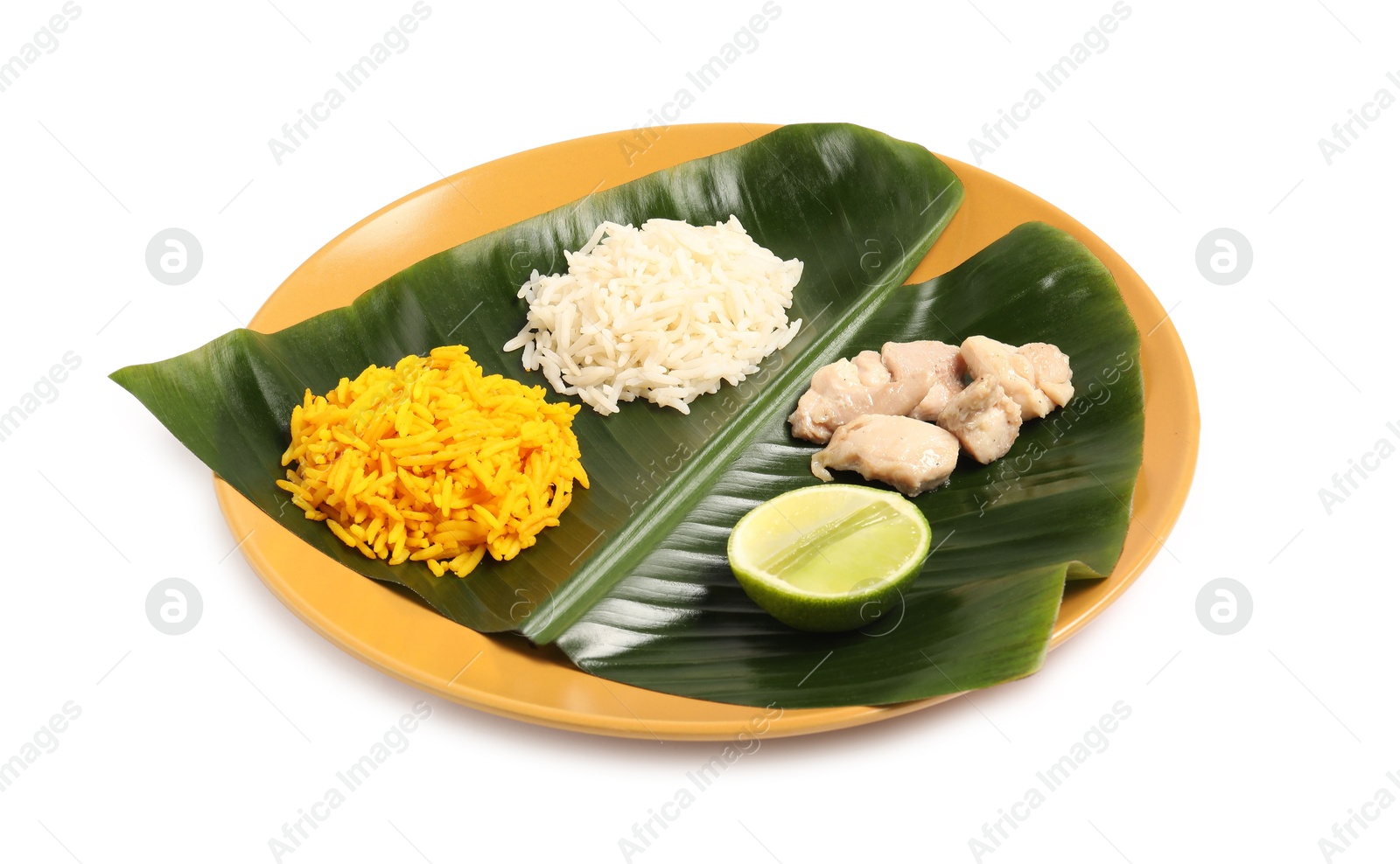 Photo of Cut banana leaf with different food isolated on white. Healthy eco serving