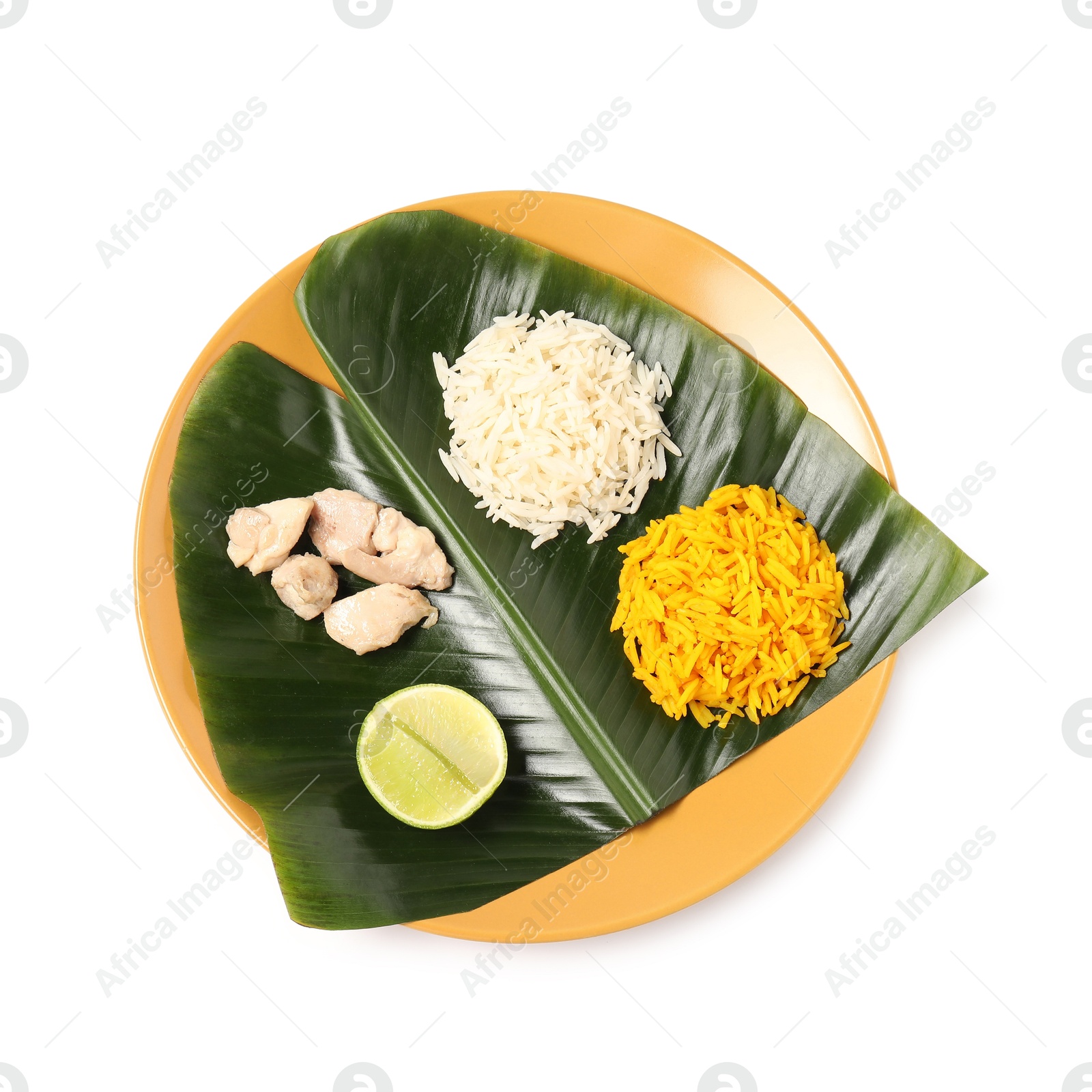 Photo of Cut banana leaf with different food isolated on white, top view. Healthy eco serving