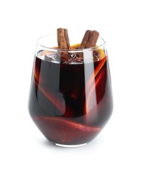 Photo of Tasty mulled wine with orange and spices isolated on white