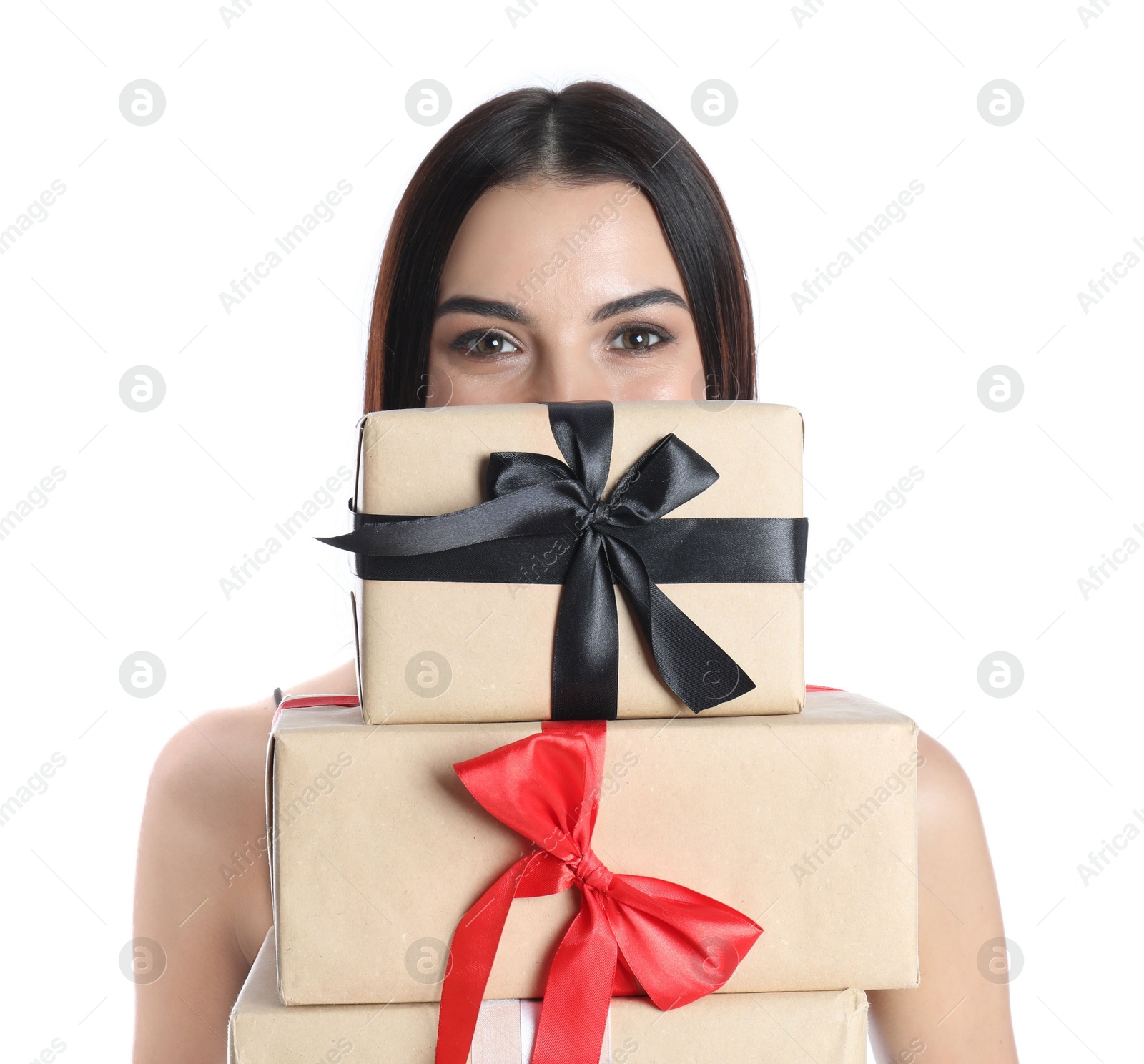 Photo of Woman with Christmas gifts on white background