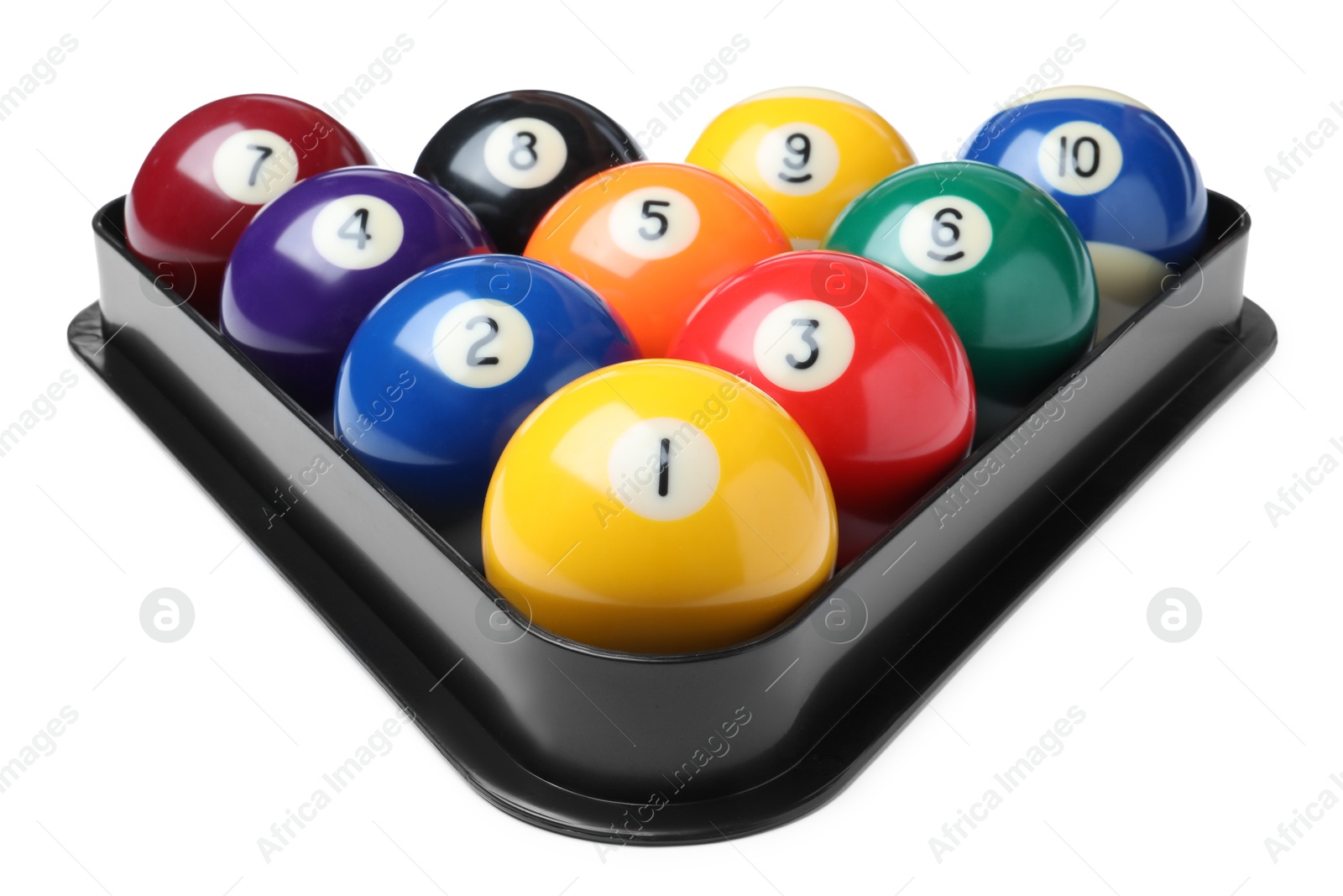 Photo of Plastic rack with billiard balls on white background