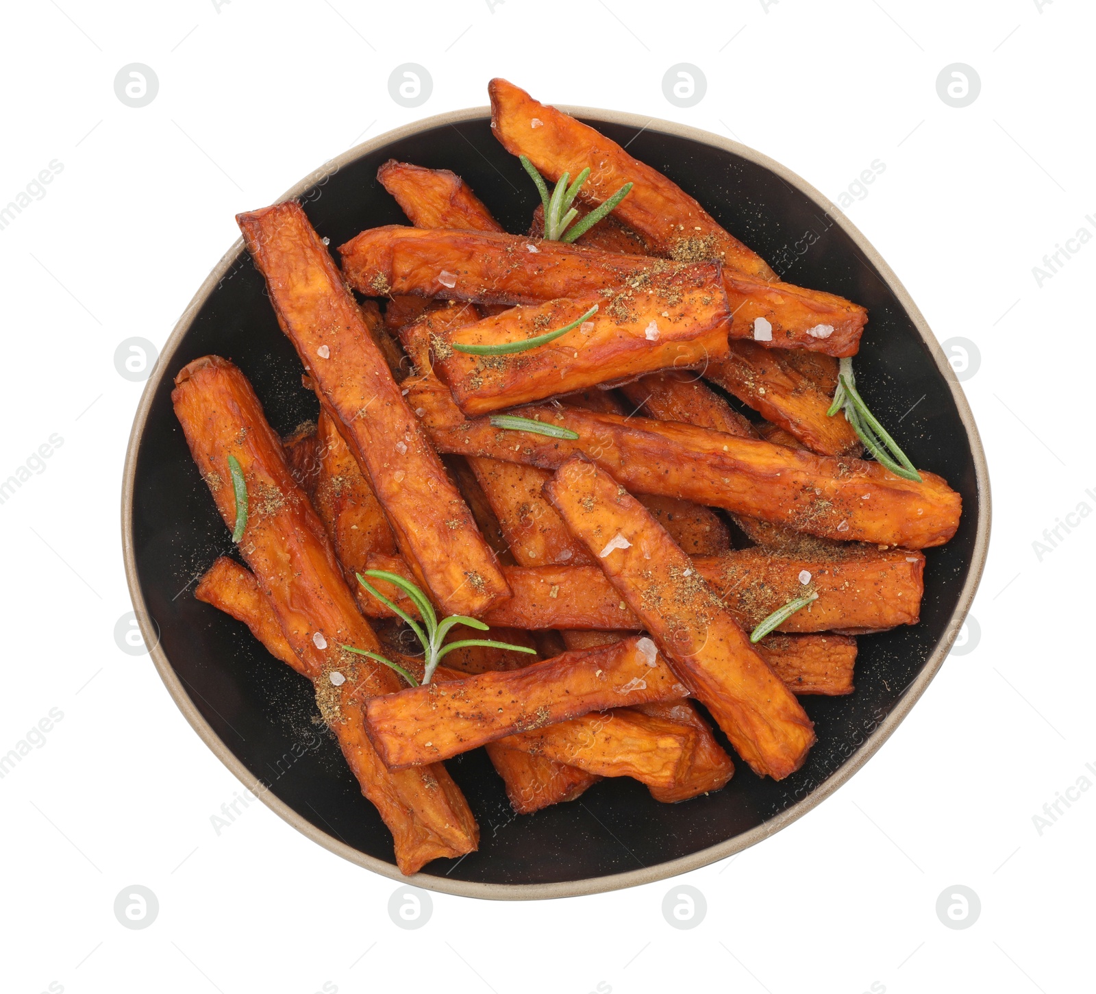 Photo of Delicious sweet potato fries with spices in bowl isolated on white, top view