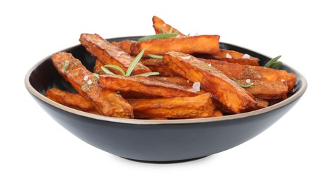 Photo of Delicious sweet potato fries with spices in bowl isolated on white