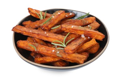 Photo of Delicious sweet potato fries with spices in bowl isolated on white