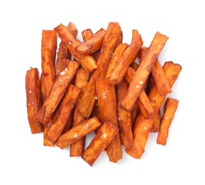 Photo of Delicious sweet potato fries isolated on white, top view