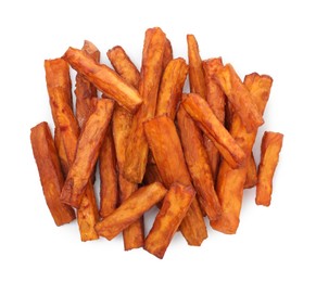 Photo of Delicious sweet potato fries isolated on white, top view