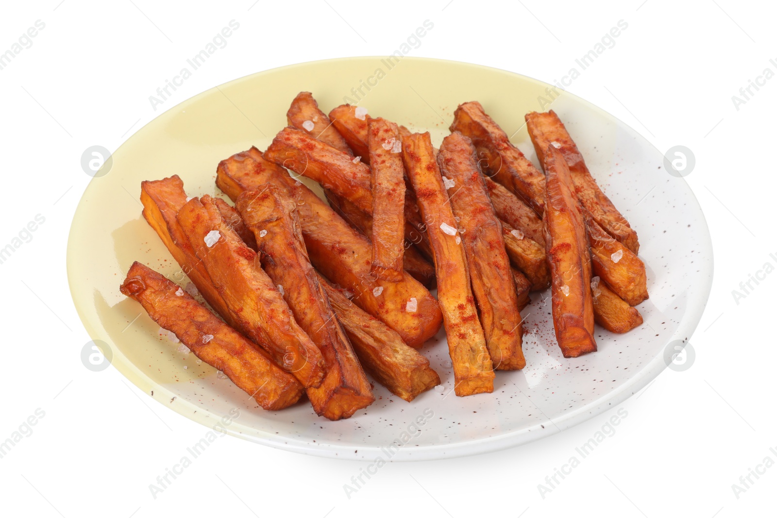 Photo of Delicious sweet potato fries isolated on white