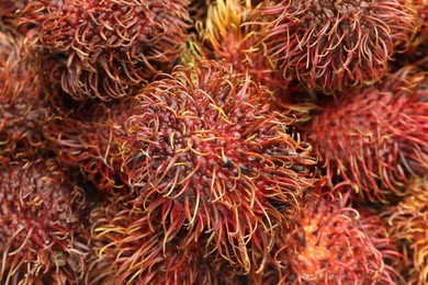 Photo of Pile of fresh rambutans as background, closeup