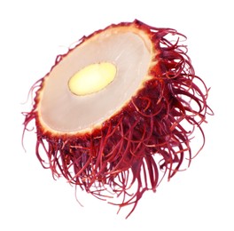 Photo of Half of ripe rambutan isolated on white. Exotic fruit