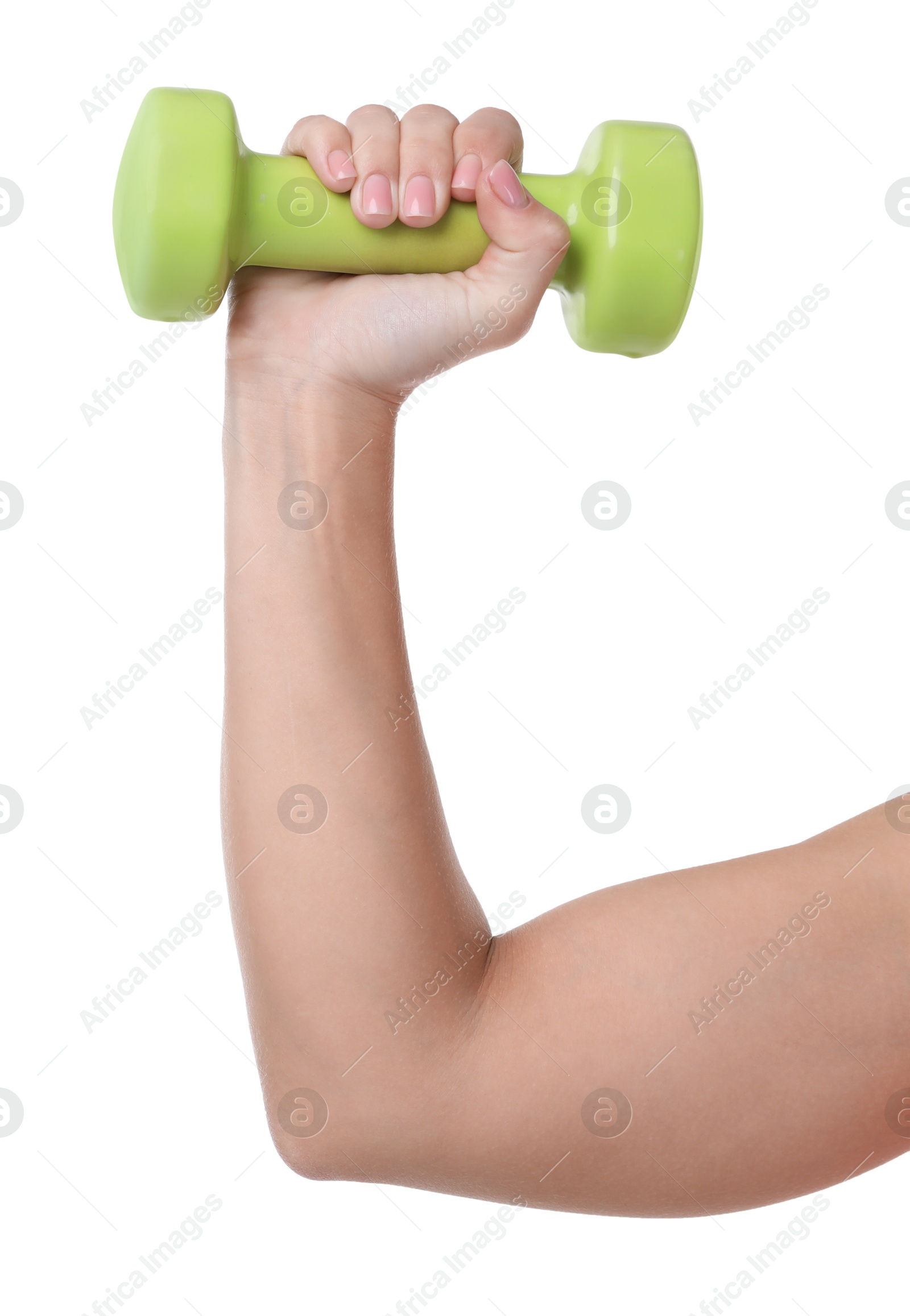 Photo of Woman exercising with dumbbell on white background, closeup