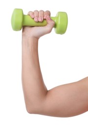 Photo of Woman exercising with dumbbell on white background, closeup