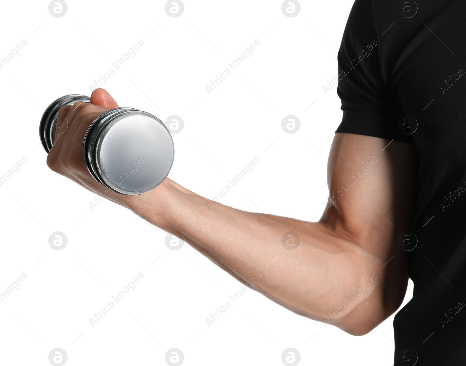 Photo of Man exercising with dumbbell on white background, closeup