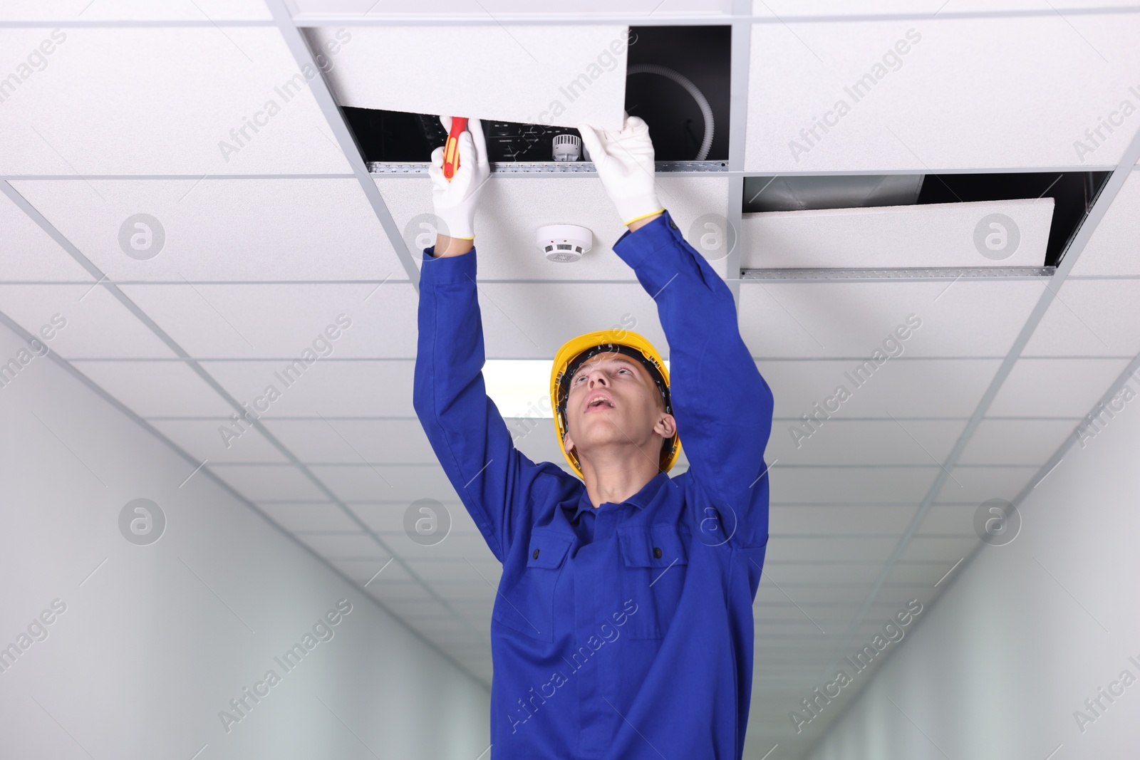 Photo of Suspended ceiling installation. Builder working with PVC tile indoors, low angle view