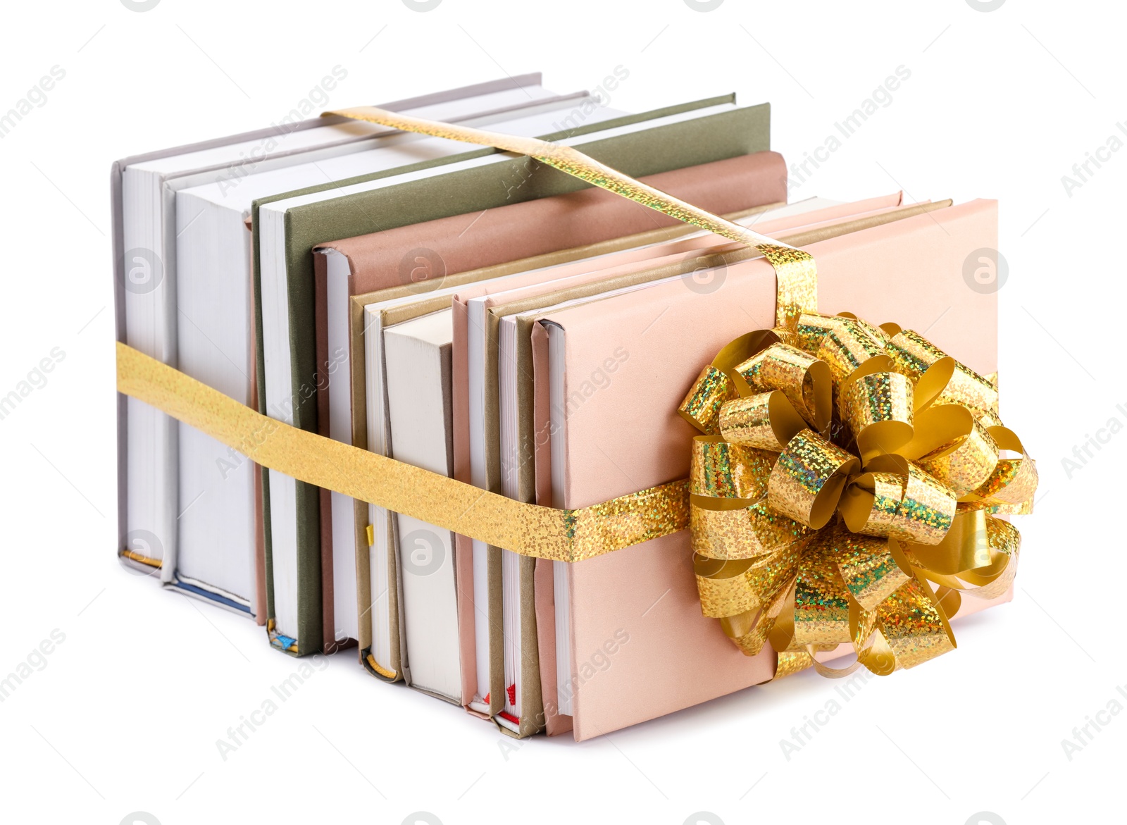 Photo of Books with golden bow as gift isolated on white