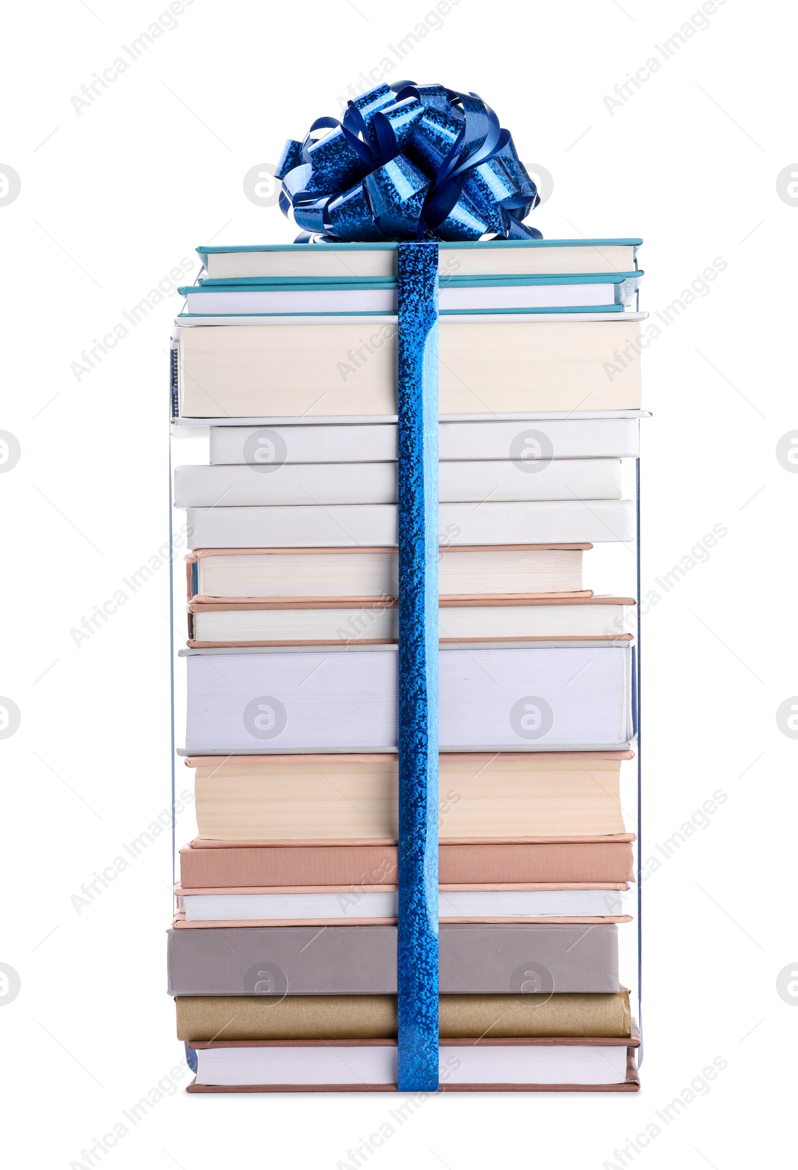 Photo of Stack of books with blue bow as gift isolated on white