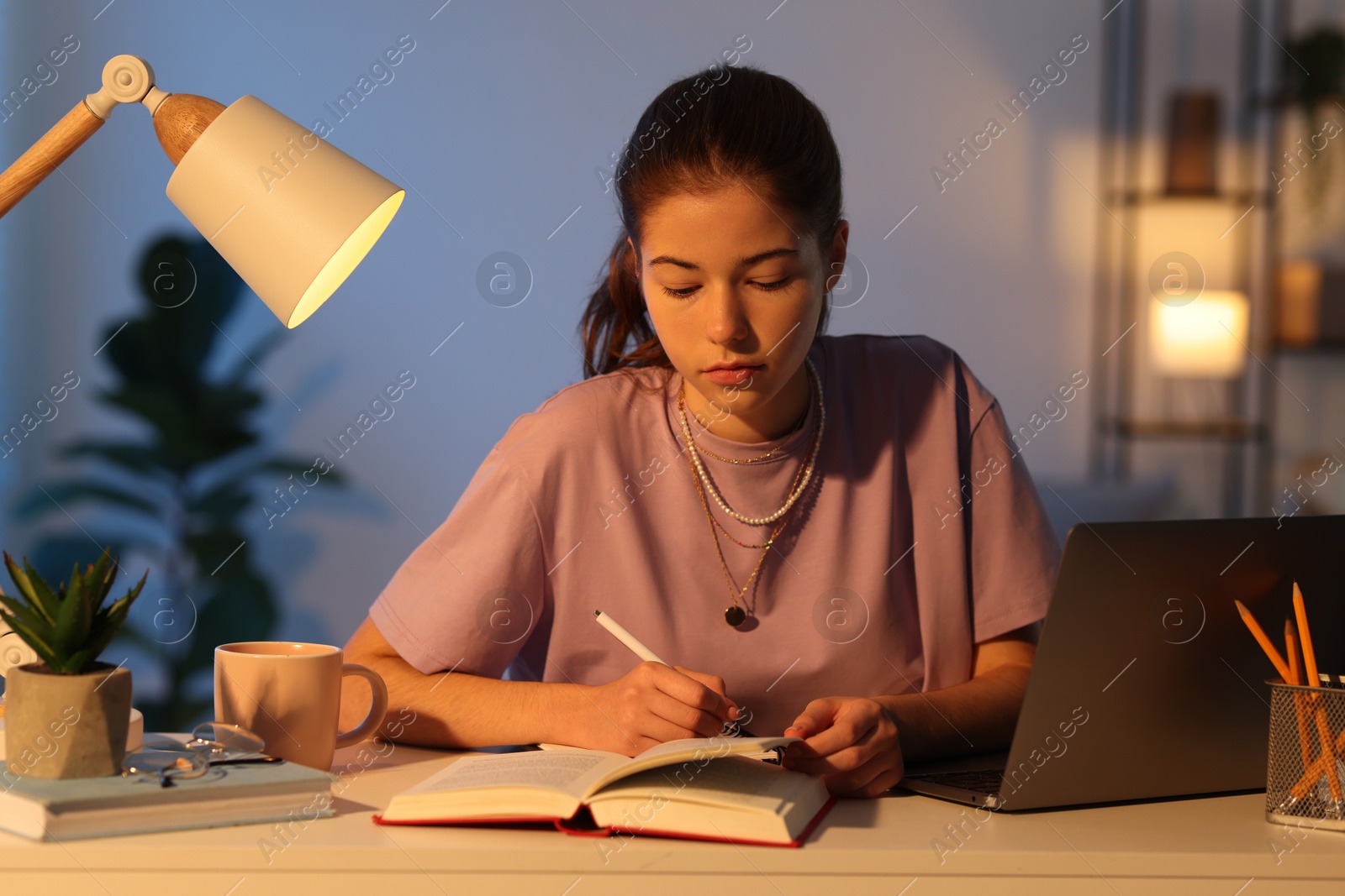 Photo of Student preparing for exam at table indoors