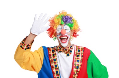 Photo of Portrait of happy clown waving on white background