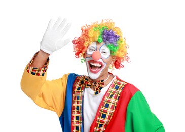 Photo of Portrait of happy clown waving on white background