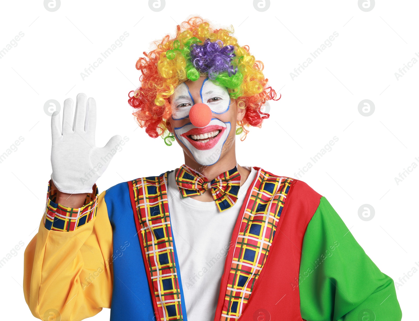 Photo of Portrait of happy clown on white background