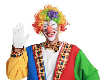 Photo of Portrait of happy clown on white background