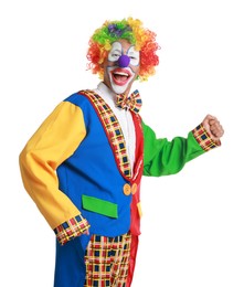 Photo of Portrait of happy clown on white background