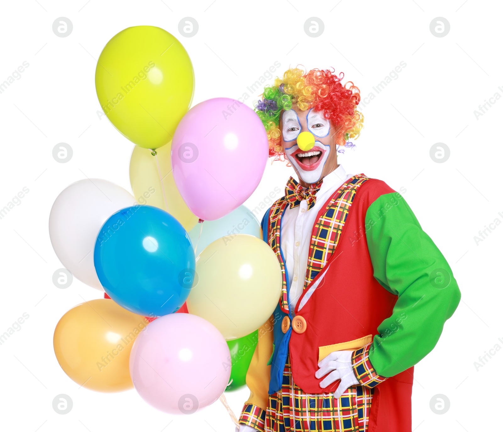 Photo of Happy clown with colorful balloons on white background