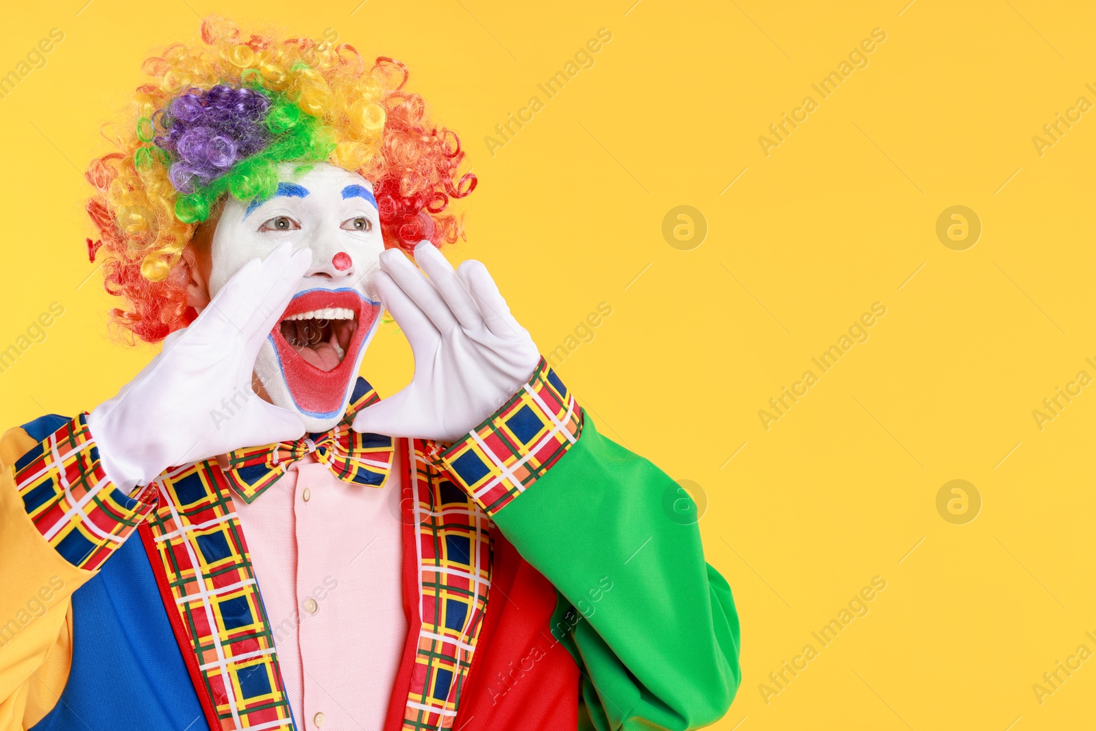 Photo of Portrait of clown screaming on yellow background, space for text