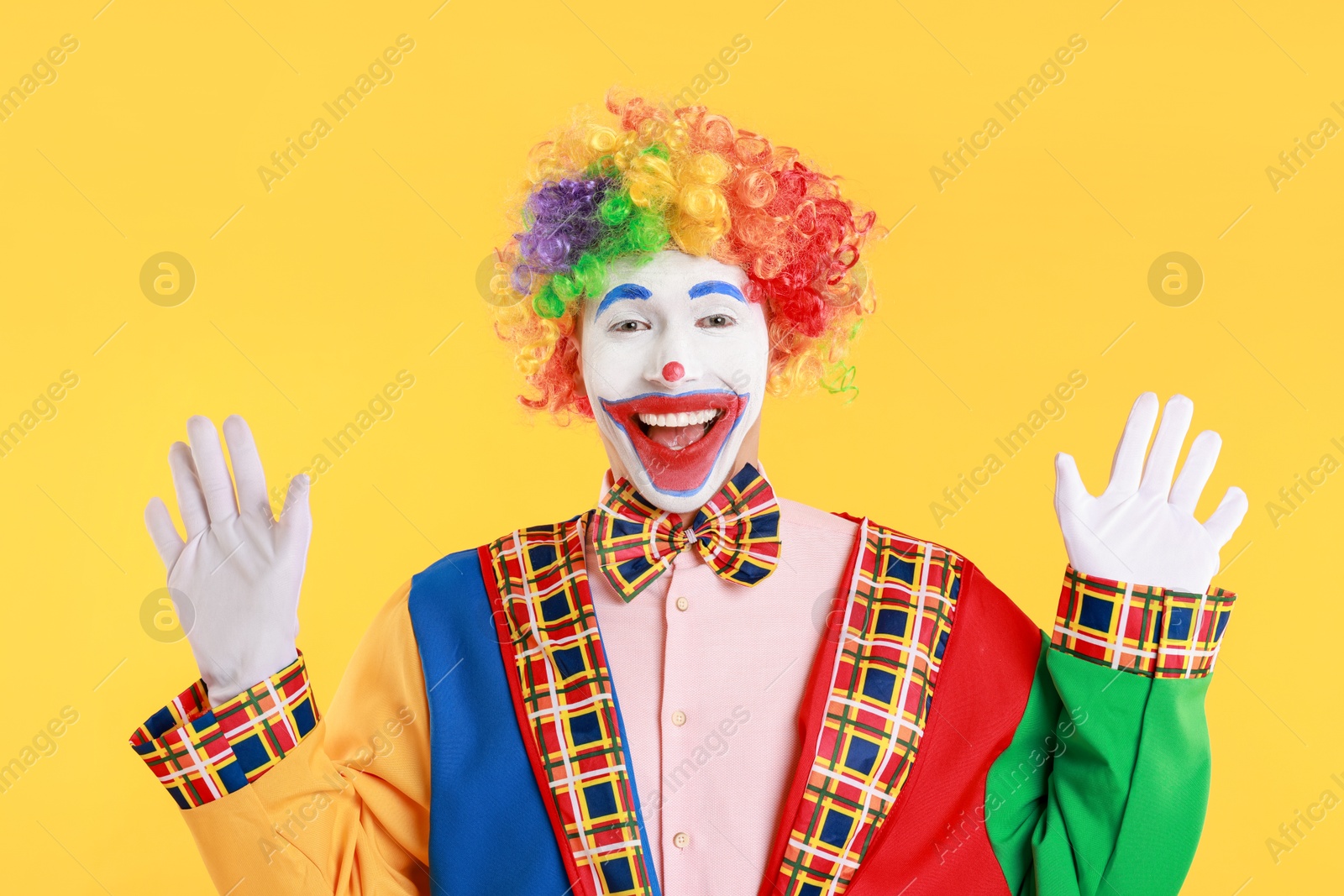 Photo of Portrait of happy clown on yellow background