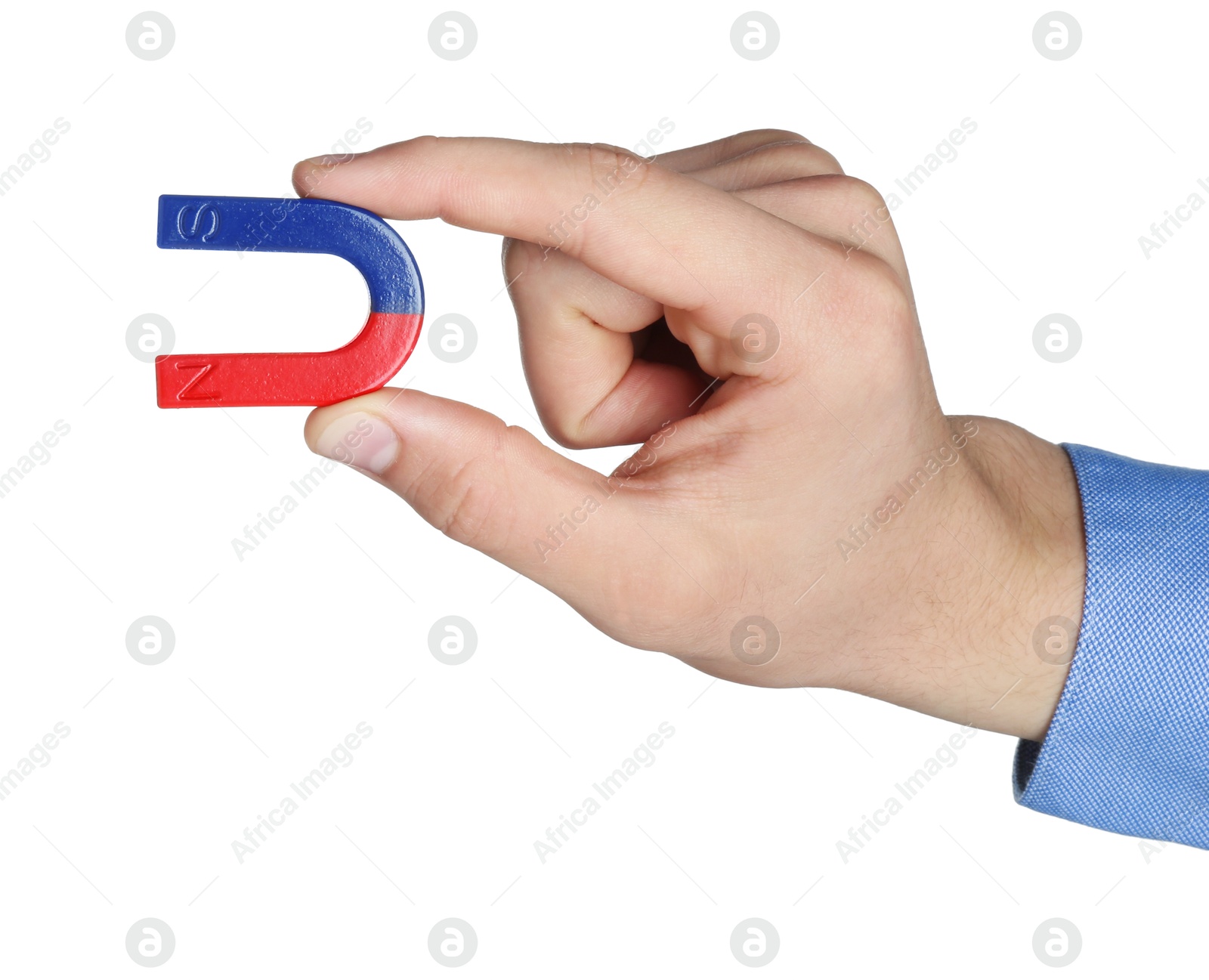 Photo of Man with horseshoe magnet on white background, closeup