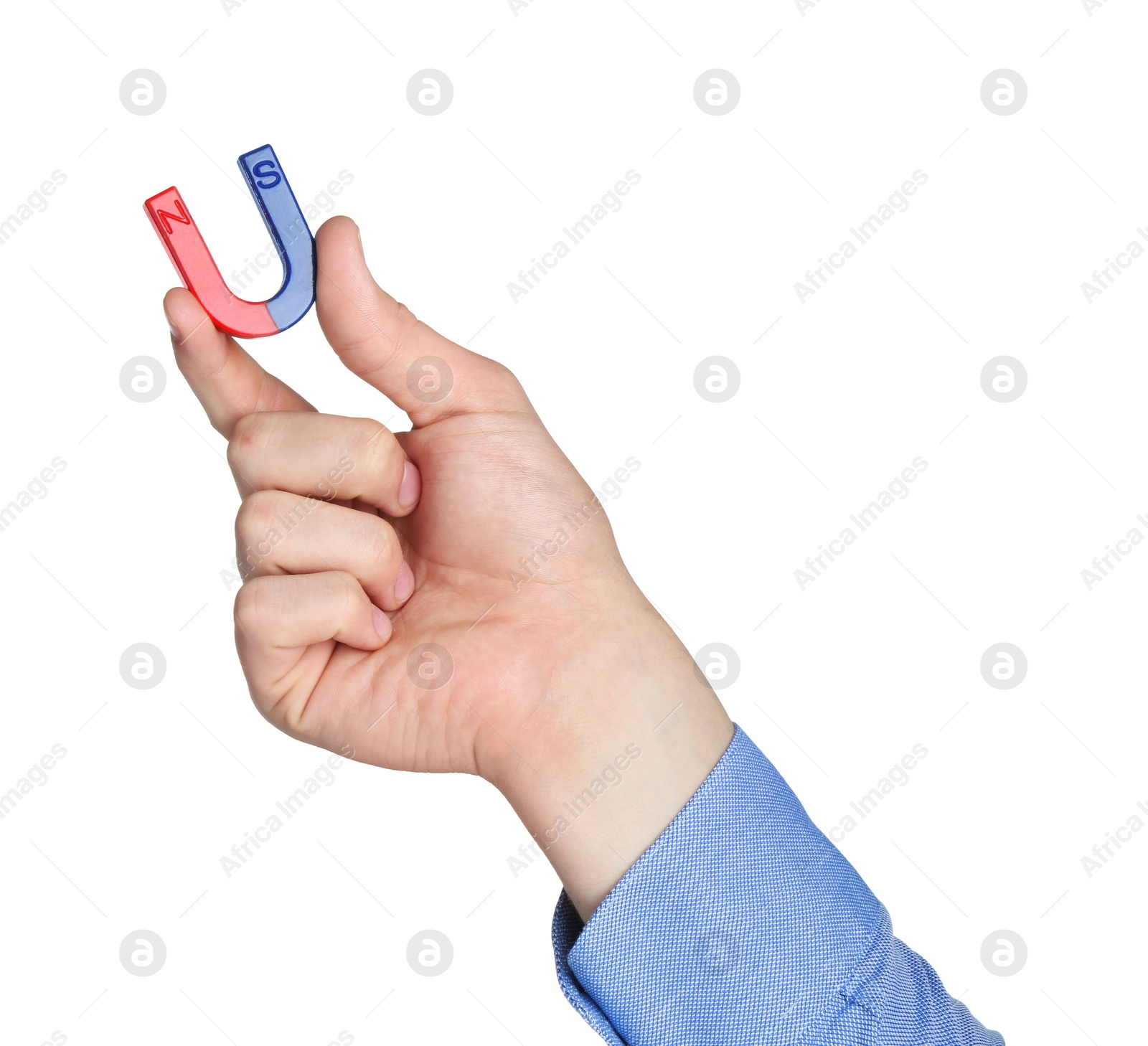 Photo of Man with horseshoe magnet on white background, closeup