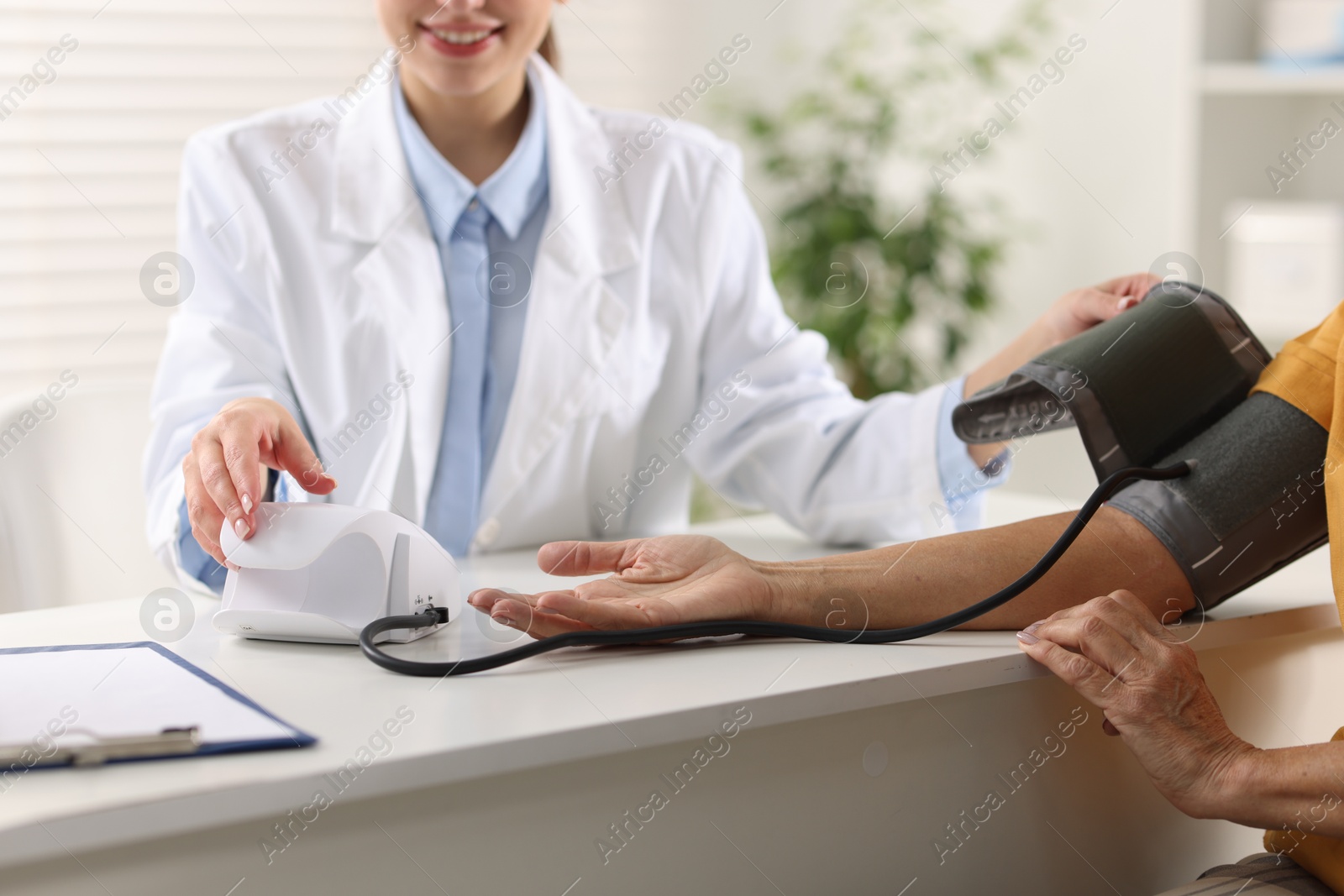 Photo of Doctor measuring senior woman's blood pressure during appointment in hospital, closeup