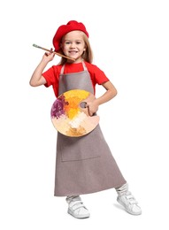 Photo of Little girl with brush and palette pretending to be artist on white background. Dreaming of future profession